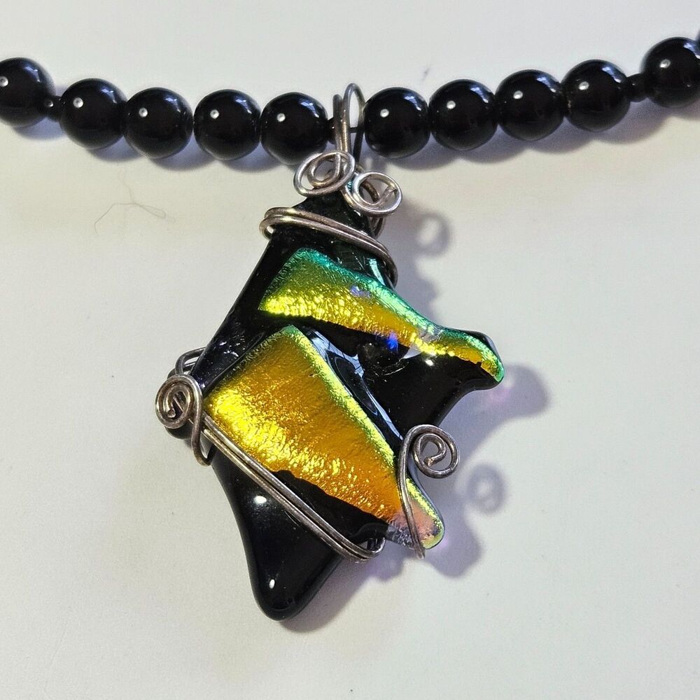 Sterling Silver Black Gold Color Glass Abstract Pendant Necklace 15-17"